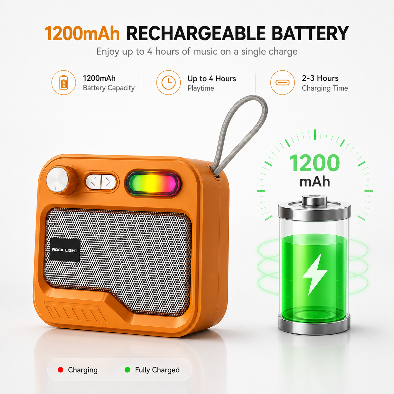 Portable Bluetooth speaker with 1200mAh rechargeable battery, up to 4 hours playback, 2–3 hours charging time, integrated carry loop, RGB light accent, and compact travel-friendly design.