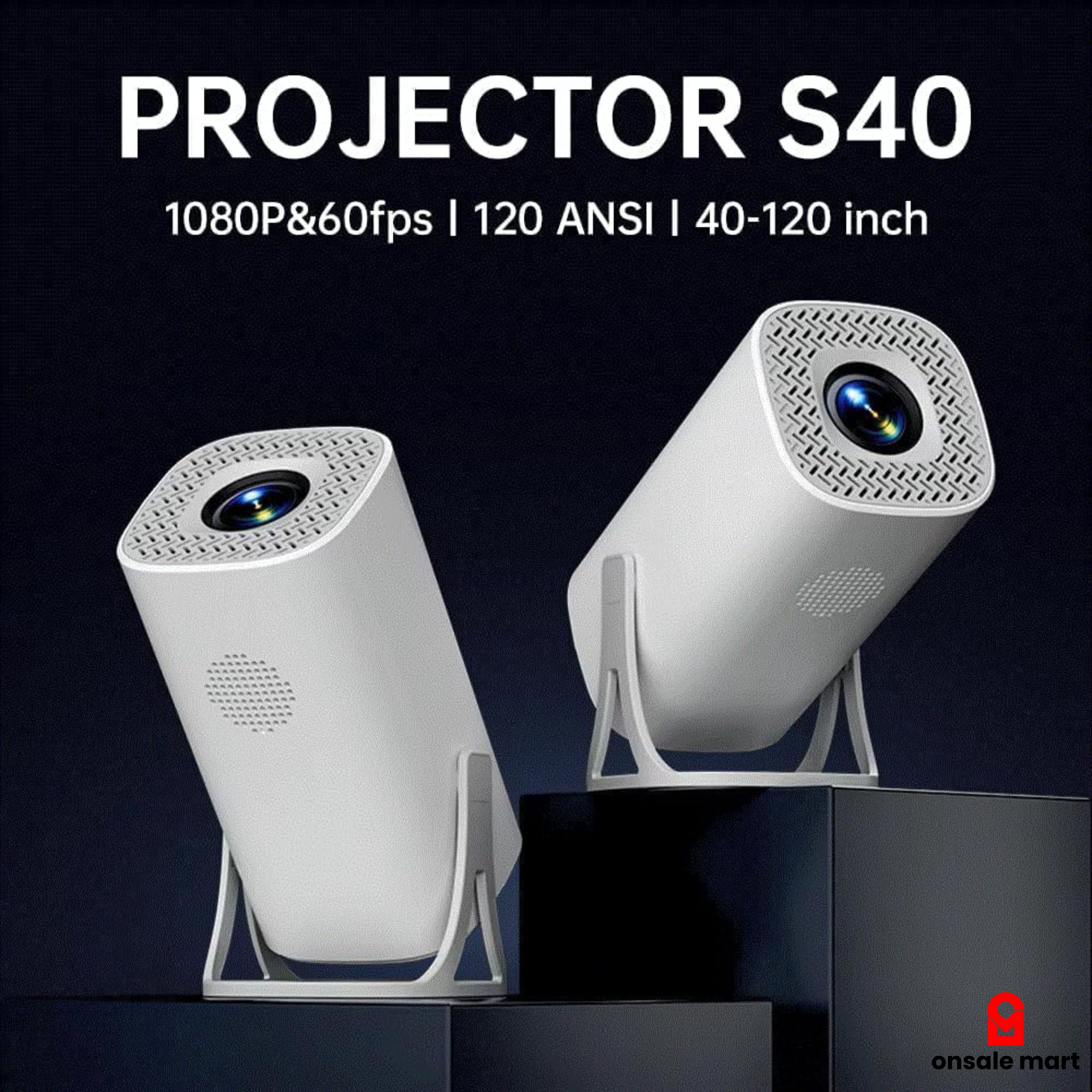 Two projectors labeled 'PROJECTOR S40' with specifications on a dark background.