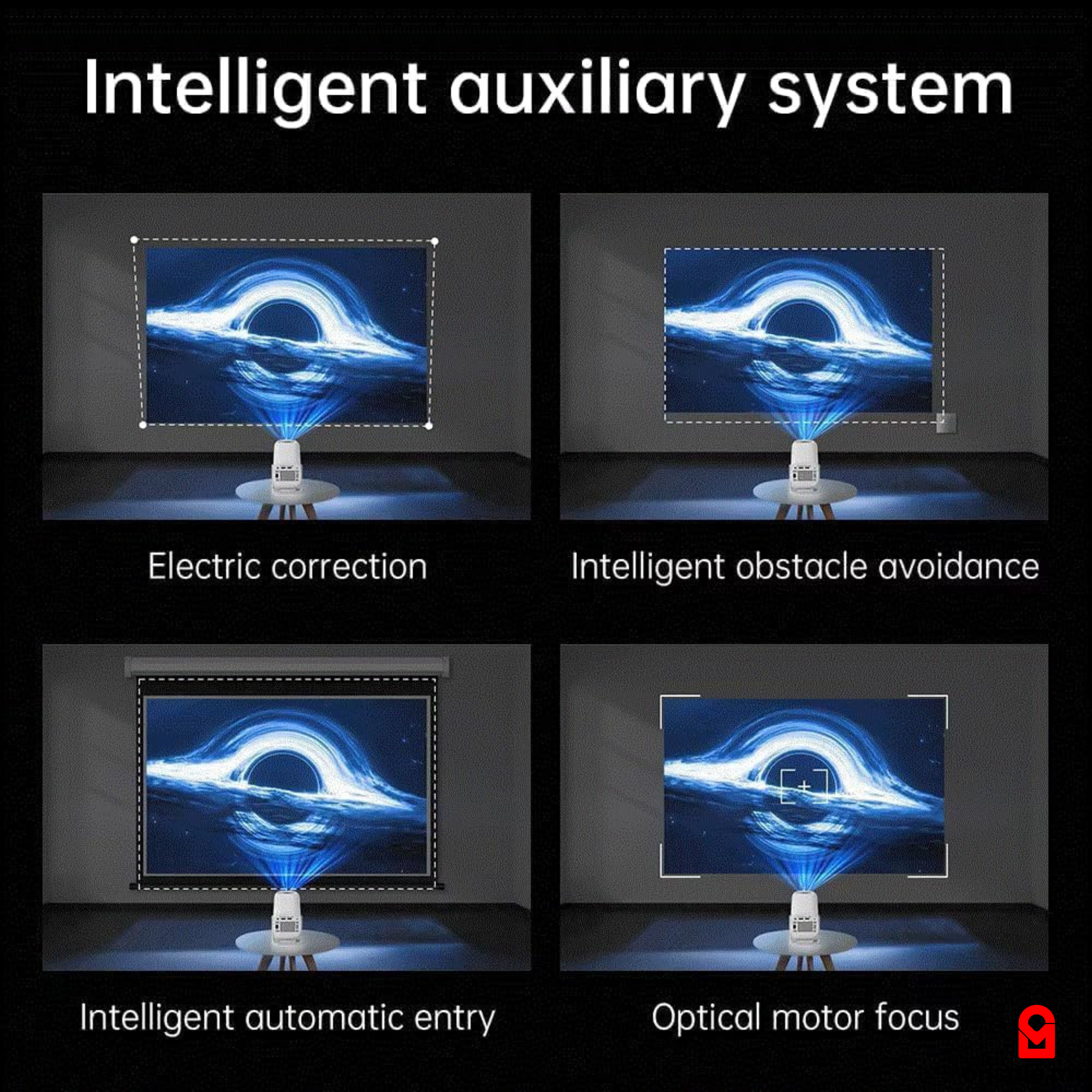 Four screens displaying different functions of a smart projector on a black background.