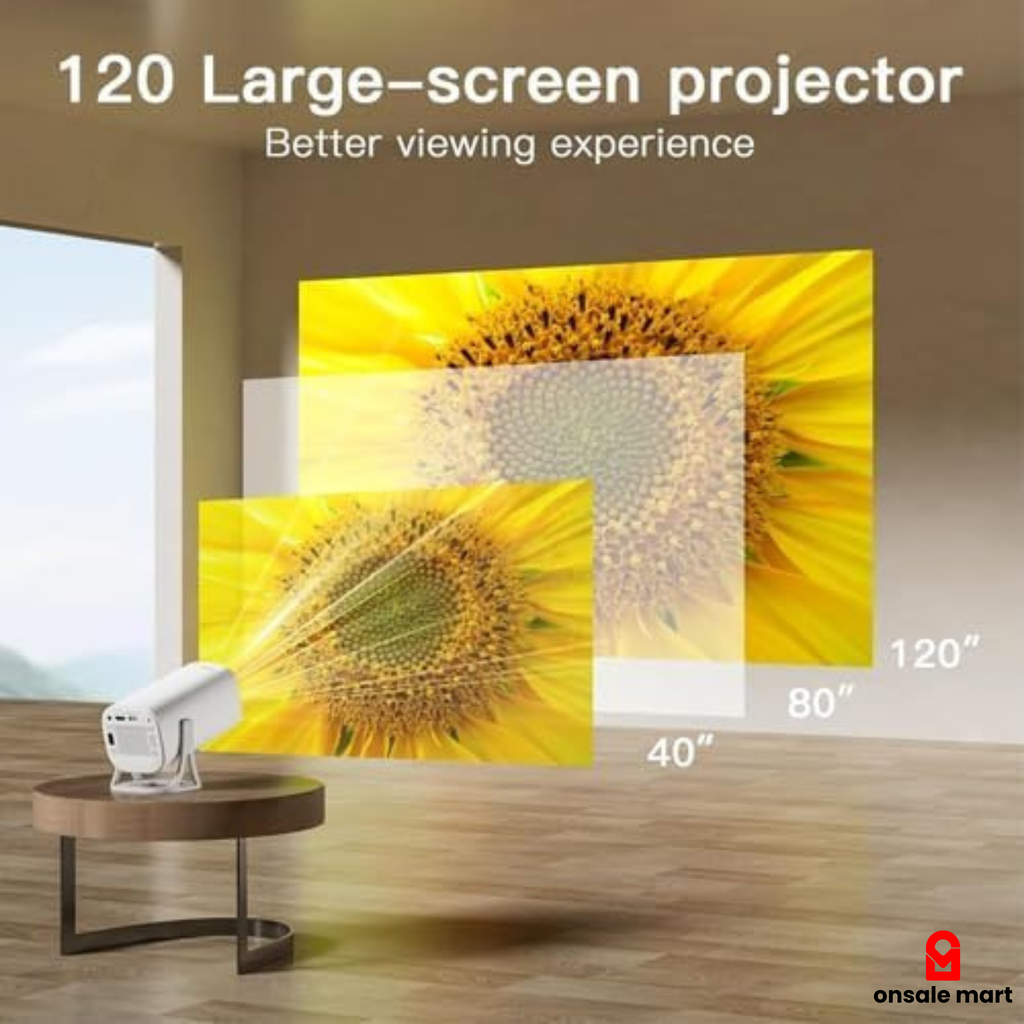 120-inch large-screen mini projector displaying a sunflower image with measurement labels.
