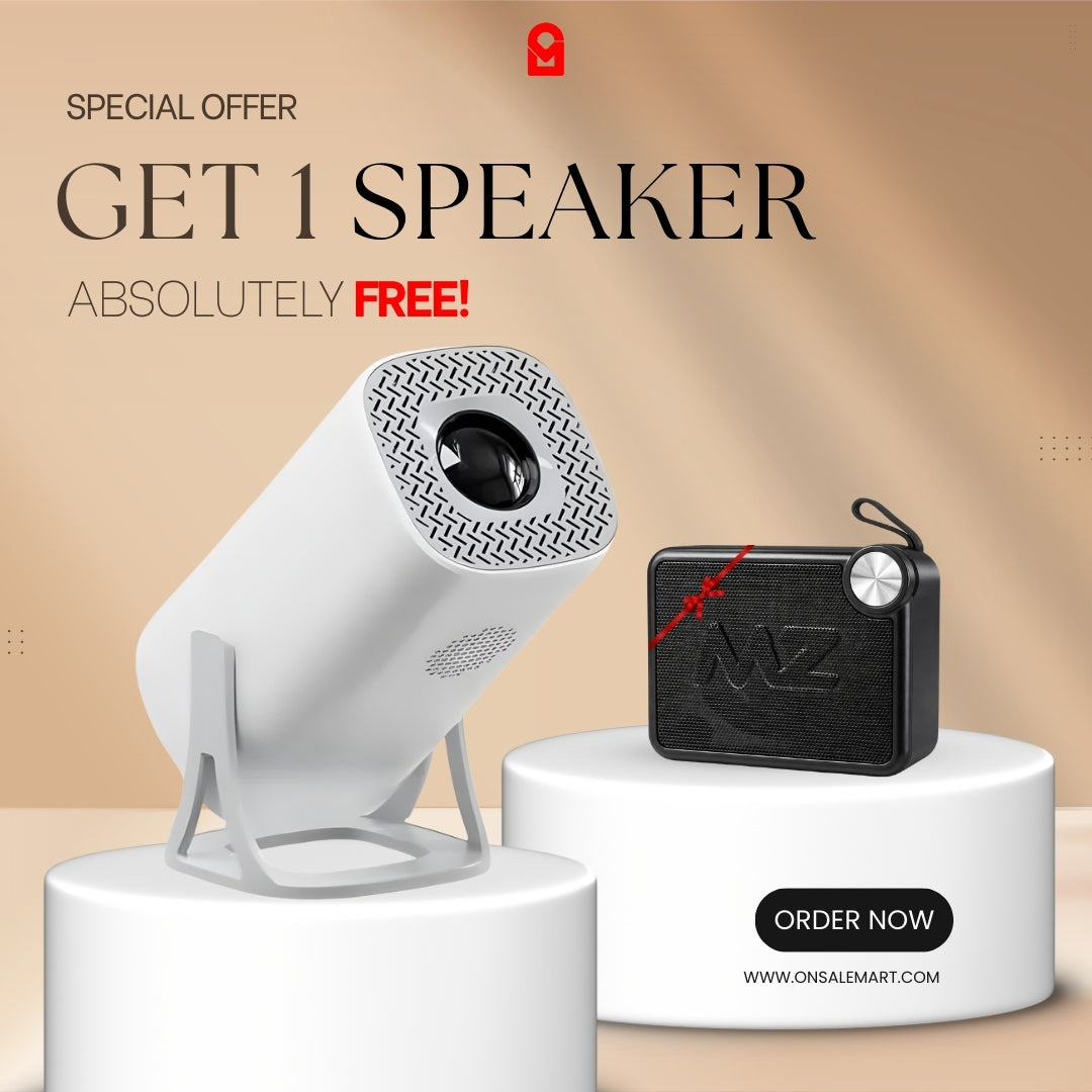 Portable Ultra HD Projector with a speaker on white cylindrical stands with promotional text on a beige background.