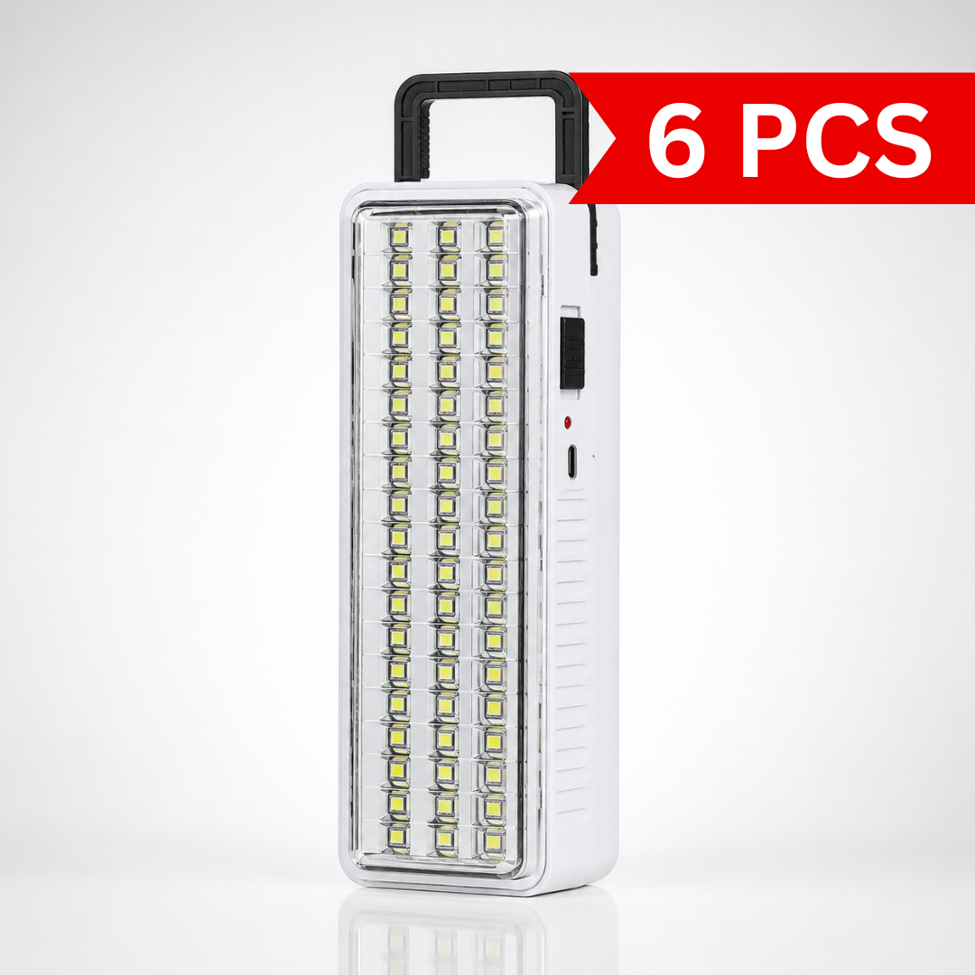 Rechargeable emergency light with a detachable foldable stand for stable tabletop placement, adjustable viewing angles, and convenient hands-free lighting.