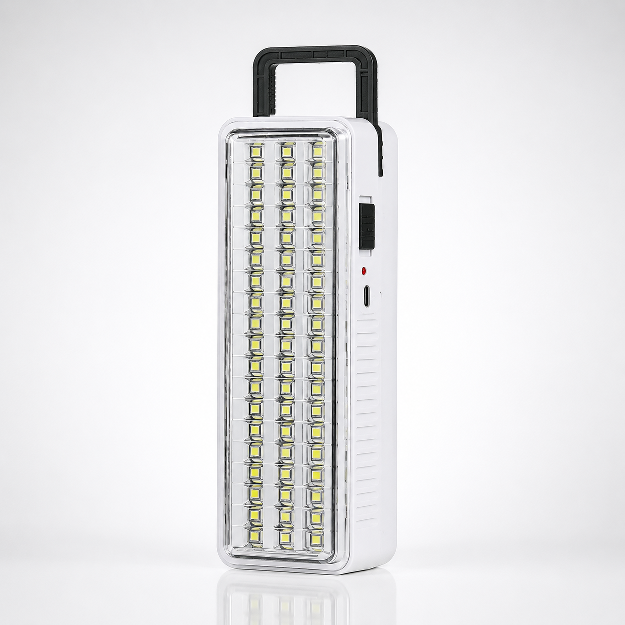 Rechargeable emergency light with a detachable foldable stand for stable tabletop placement, adjustable viewing angles, and convenient hands-free lighting.