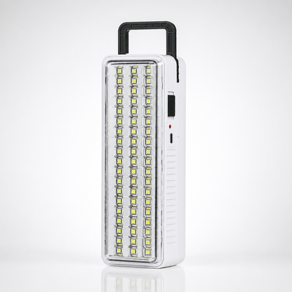 Rechargeable emergency light with a detachable foldable stand for stable tabletop placement, adjustable viewing angles, and convenient hands-free lighting.