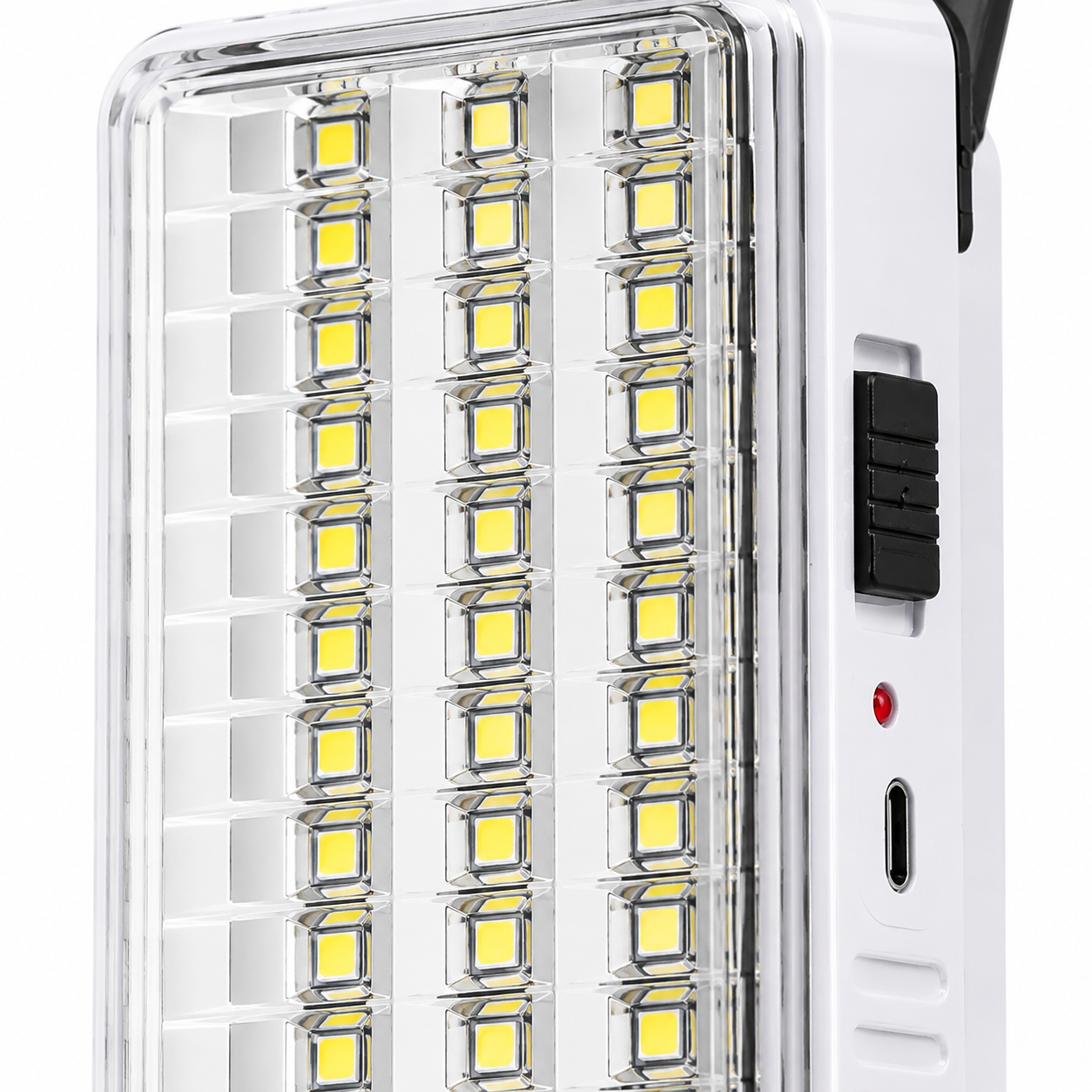 Portable rechargeable emergency light with 60 SMD LED panel, folding handle, USB Type-C charging, dual brightness modes, and compact white body