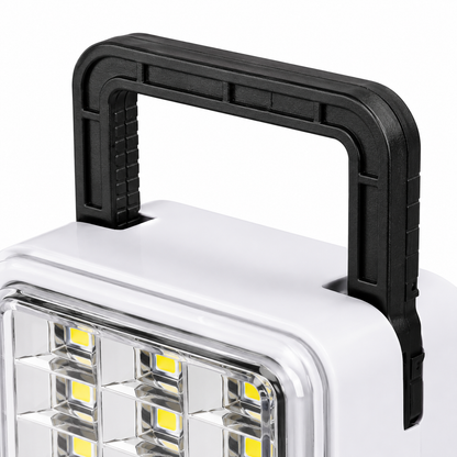 Close-up of a rechargeable 60 SMD LED emergency light showing high-brightness LED chips, dual light mode switch, charging indicator, and USB Type-C charging port.