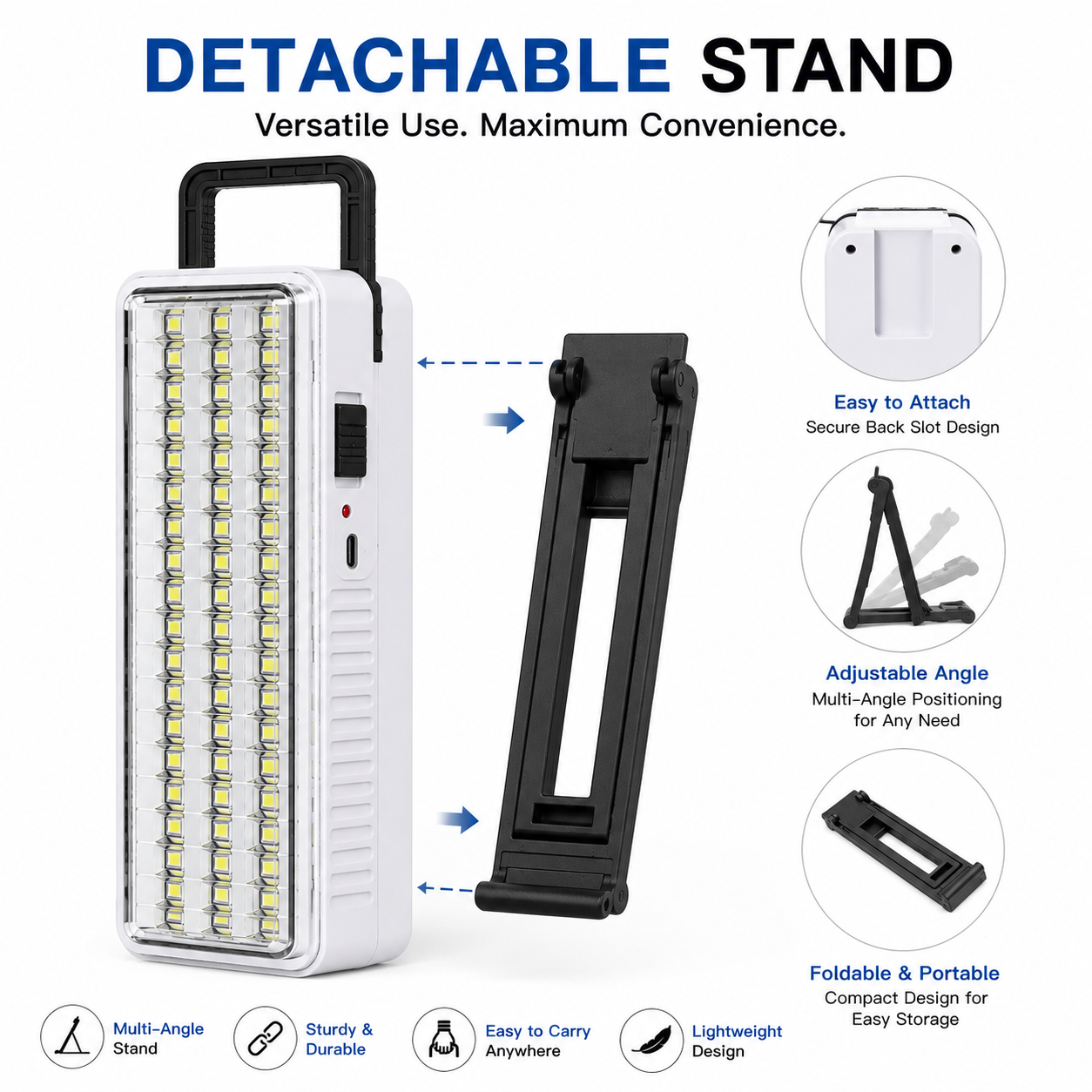 Rechargeable 60 SMD LED emergency light with detachable stand, USB Type-C charging, folding handle, built-in rechargeable battery, and portable design for home, travel, camping, and emergency backup.