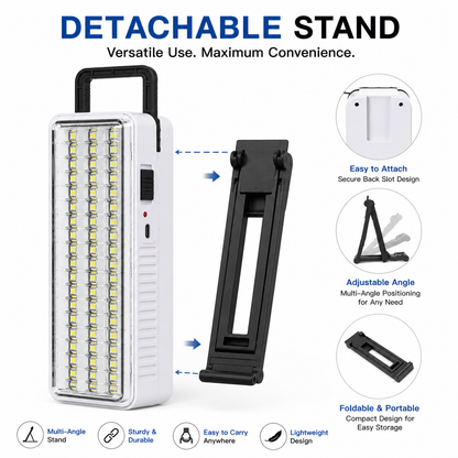Rechargeable 60 SMD LED emergency light with detachable stand, USB Type-C charging, folding handle, built-in rechargeable battery, and portable design for home, travel, camping, and emergency backup.