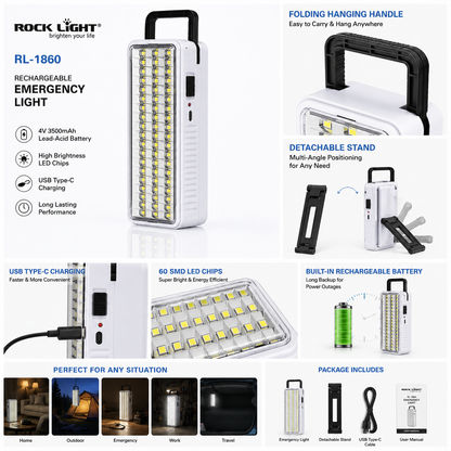 Close-up of the rechargeable emergency light featuring a sturdy folding carrying handle for easy portability, hanging, and convenient everyday use.