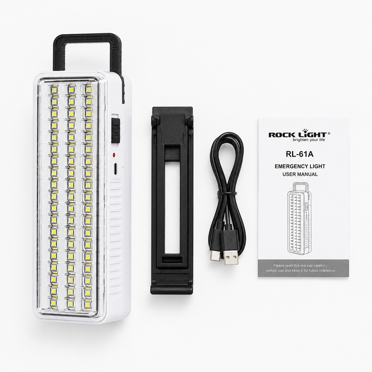 Package contents of the rechargeable 60 SMD LED emergency light including the emergency light, detachable stand, USB Type-C charging cable, and user manual.
