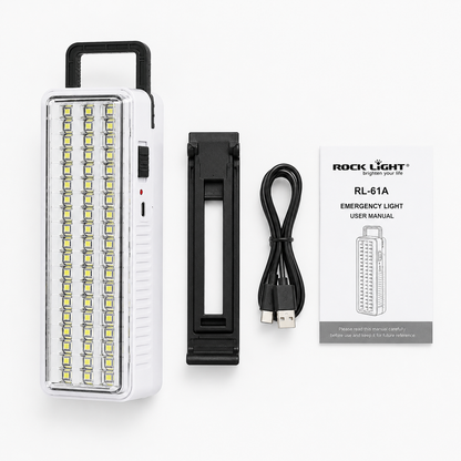 Package contents of the rechargeable 60 SMD LED emergency light including the emergency light, detachable stand, USB Type-C charging cable, and user manual.