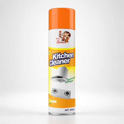 500ml kitchen cleaner spray aerosol can with lemon fragrance, grease remover for stoves, ovens, grills and kitchen appliances on white background.
