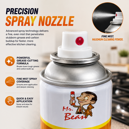 Kitchen cleaner spray precision nozzle close-up showing fine mist technology for even grease removal and deep cleaning on kitchen surfaces.