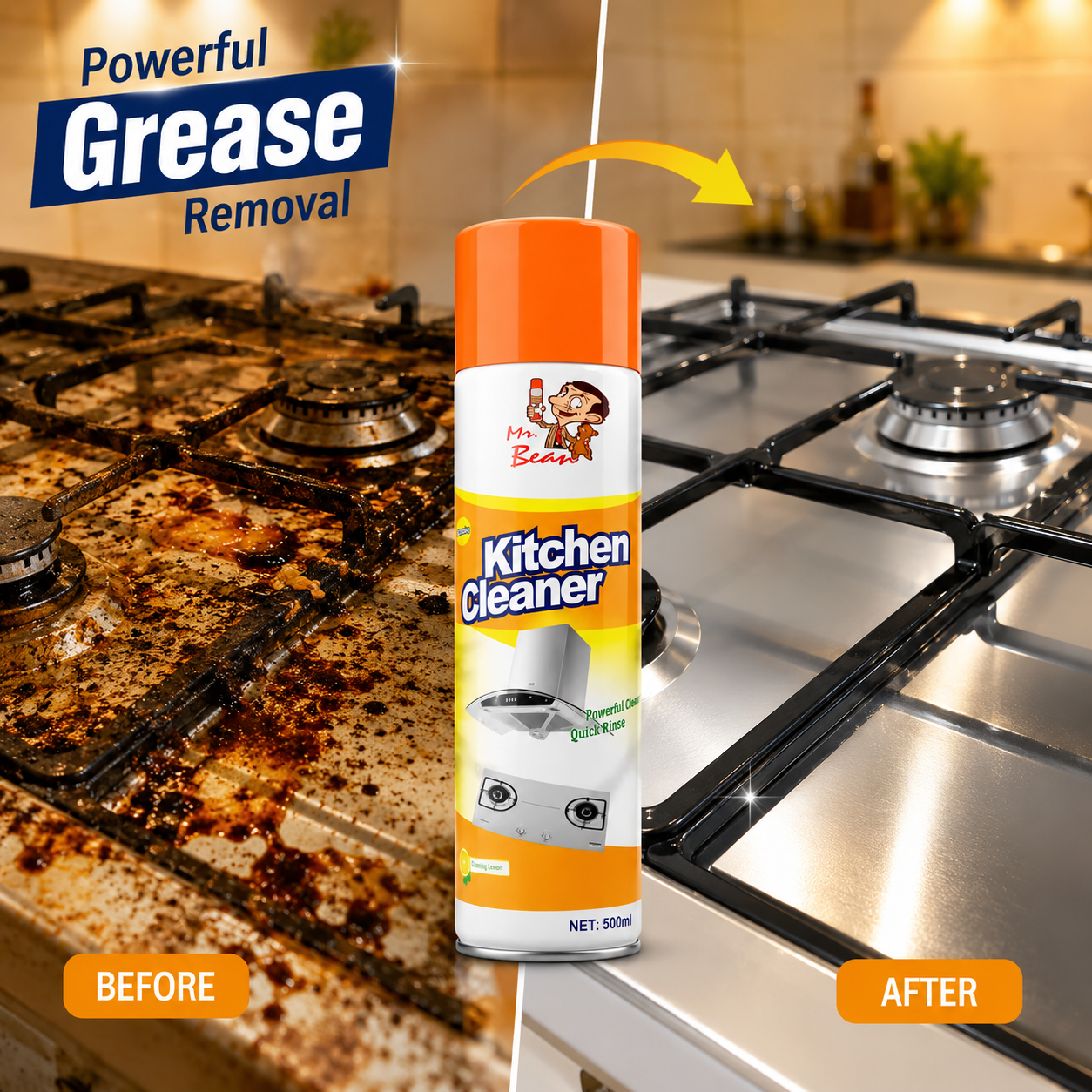 Kitchen cleaner spray before and after grease removal demonstration showing dirty gas stove transformed into a clean, shiny cooking surface.