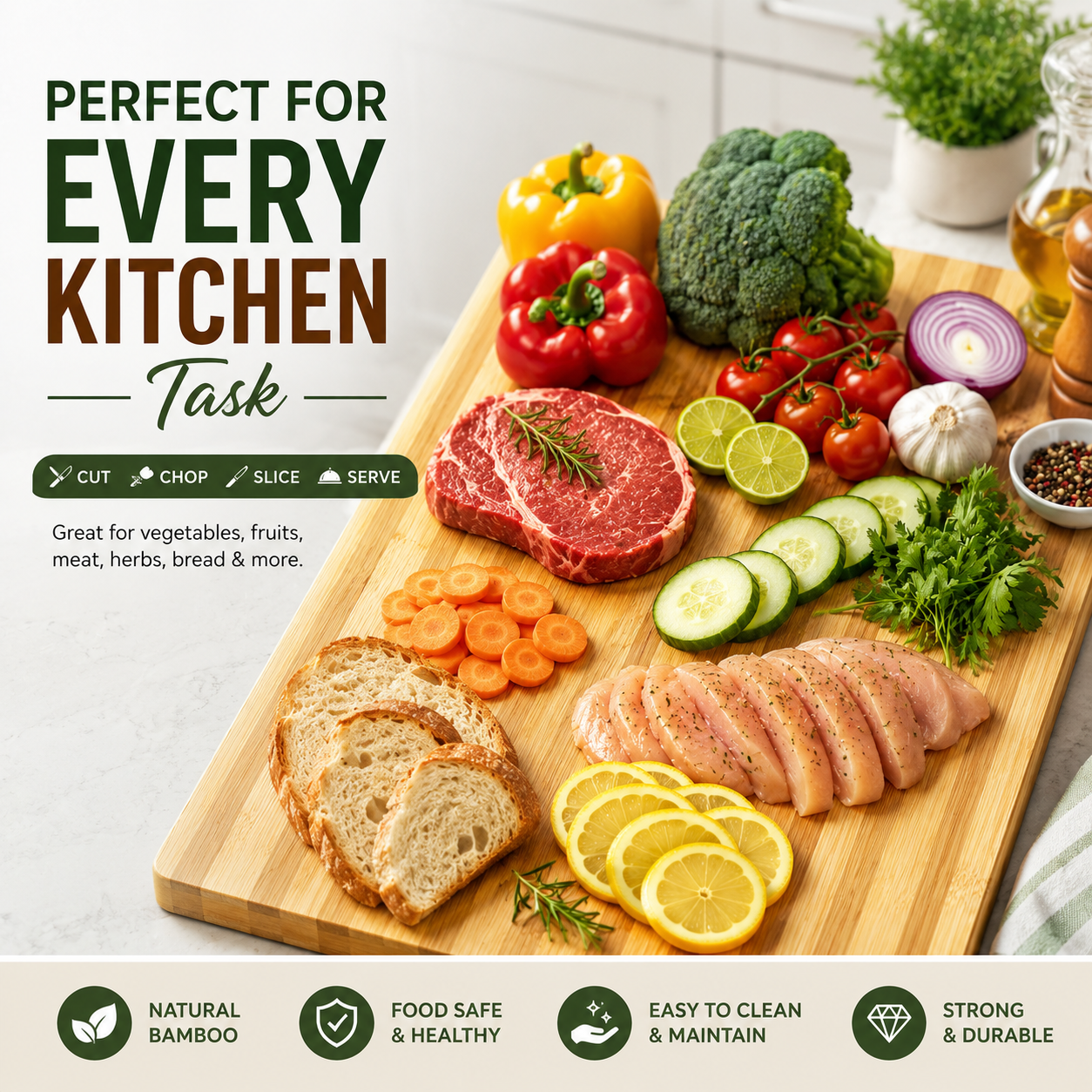 Natural bamboo cutting board with vegetables, meat, bread, herbs and fruits on a kitchen countertop for everyday food preparation