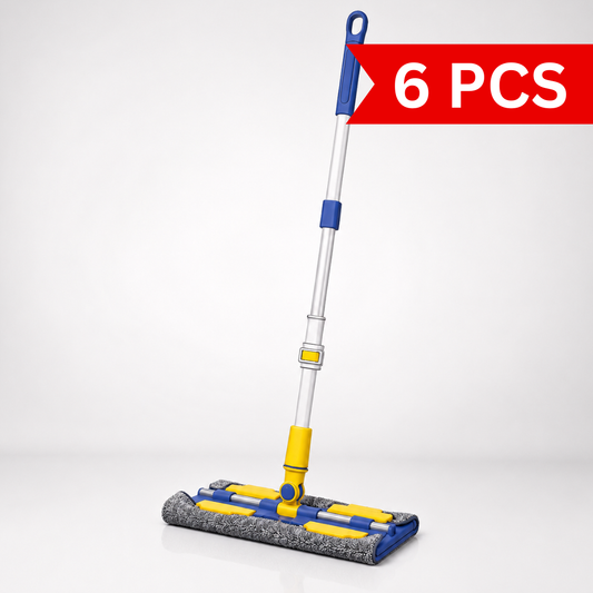 360 degree flexible rotation flat mop with telescopic handle and microfiber cloth head for cleaning under furniture and around corners.
