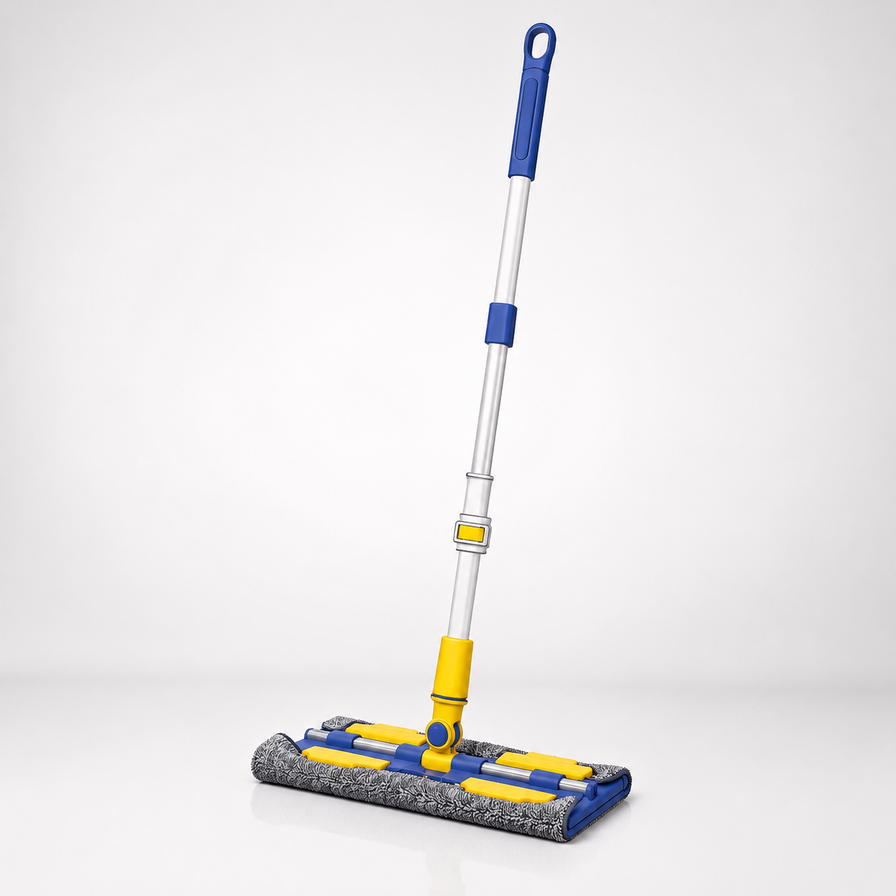 360 degree flexible rotation flat mop with telescopic handle and microfiber cloth head for cleaning under furniture and around corners.