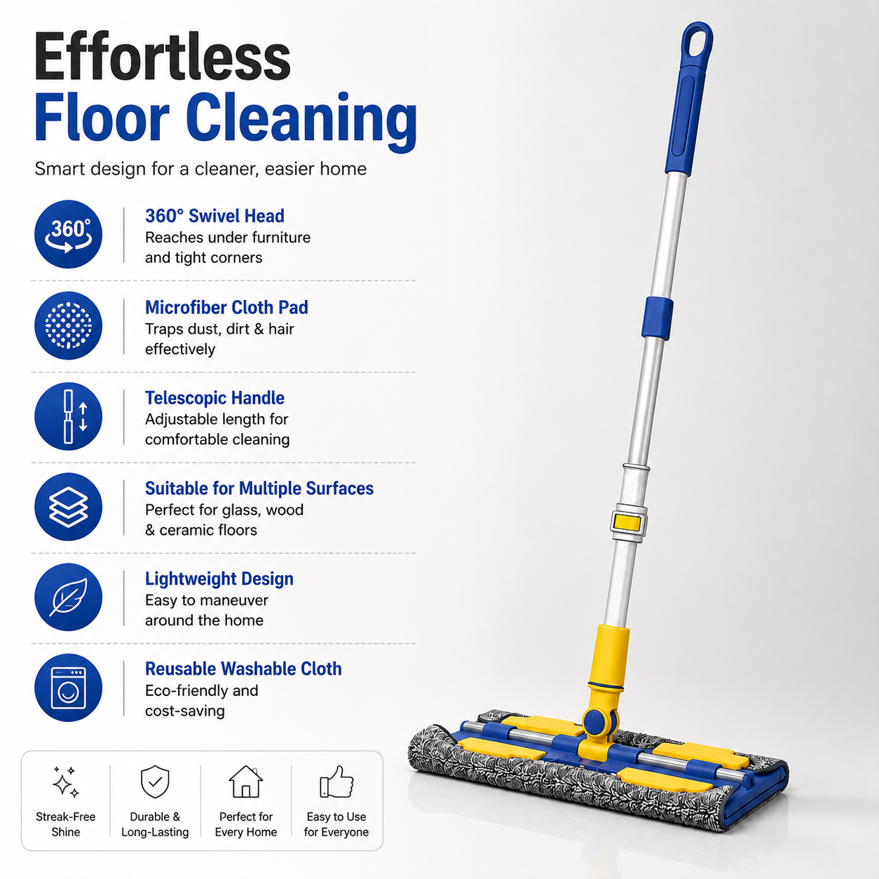 Flat cloth mop with telescopic handle and microfiber cleaning pad, featuring 360° swivel head for effortless floor cleaning and hard-to-reach corners.