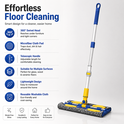 Flat cloth mop with telescopic handle and microfiber cleaning pad, featuring 360° swivel head for effortless floor cleaning and hard-to-reach corners.