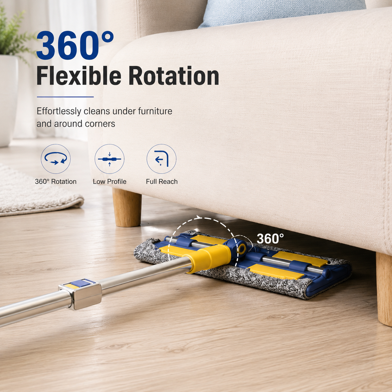 Multi-surface flat mop with low-profile rotating head cleaning beneath sofa, ideal for tiles, wood floors and home interiors.