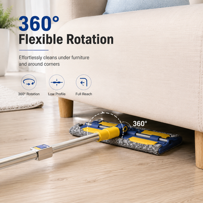 Multi-surface flat mop with low-profile rotating head cleaning beneath sofa, ideal for tiles, wood floors and home interiors.