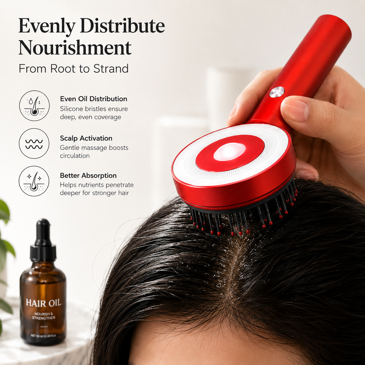 Electric scalp massager head comb for hair oil evenly distributing nourishment from root to strand with silicone massage bristles