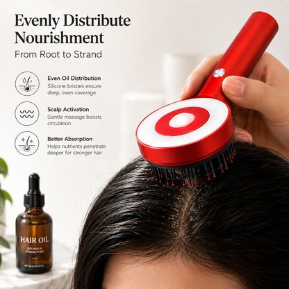 Electric scalp massager head comb for hair oil evenly distributing nourishment from root to strand with silicone massage bristles