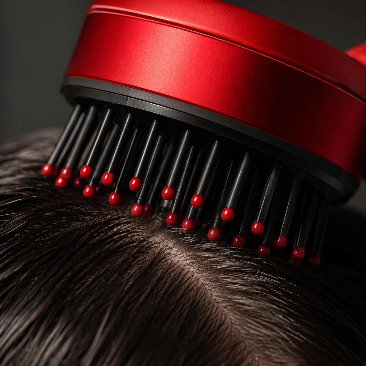 Red electric scalp massager comb massaging scalp and stimulating hair roots for better hair oil absorption and scalp care