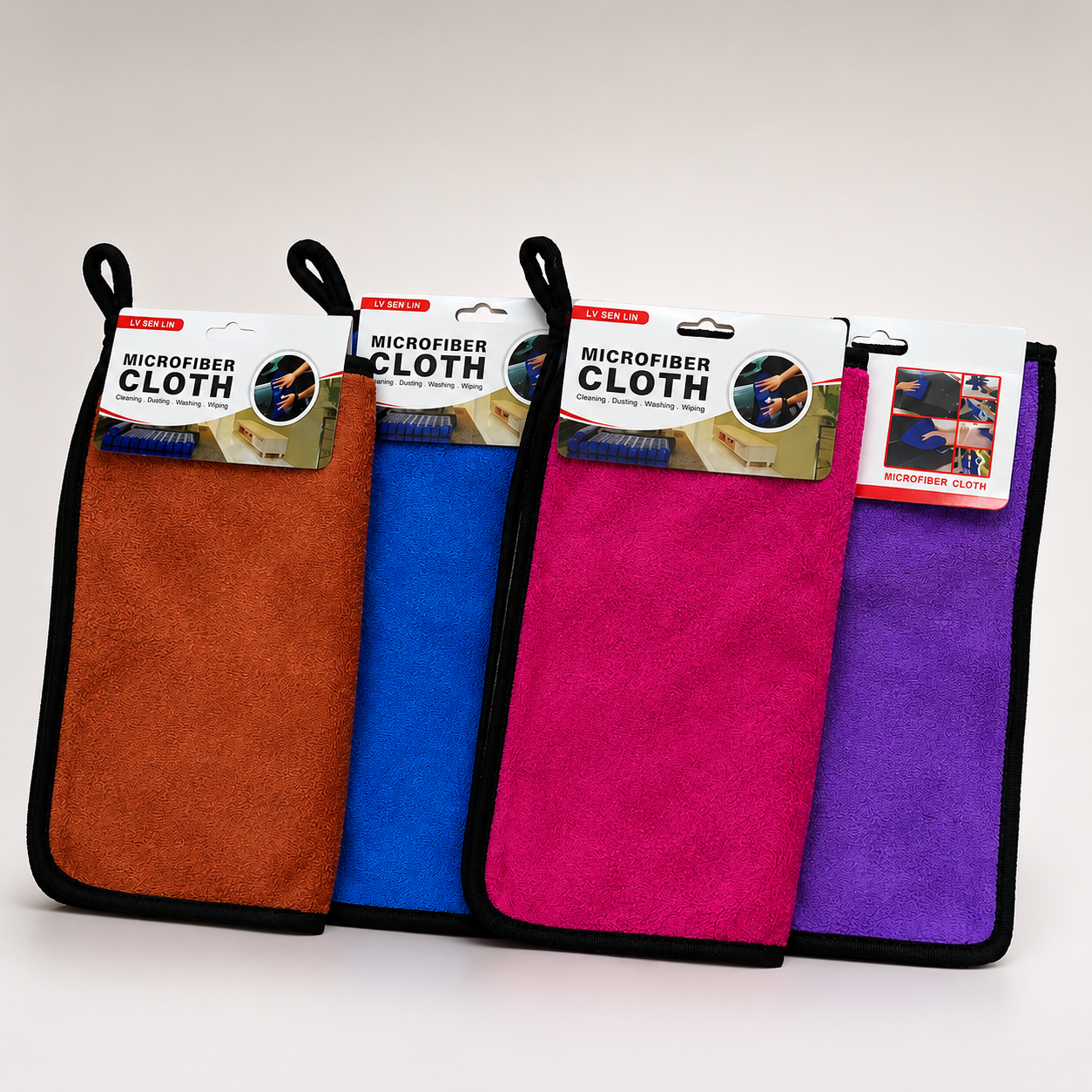 Multi-purpose microfiber cleaning cloths in purple, pink, blue and brown colours, washable reusable cleaning towels for household and automotive cleaning