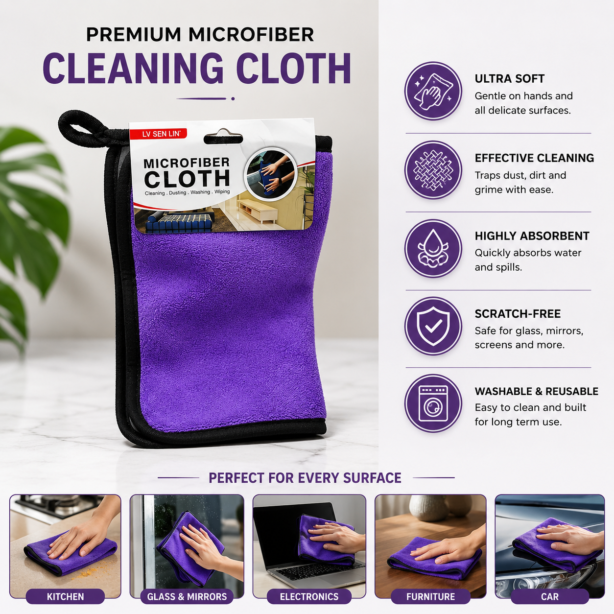 Premium microfiber cleaning cloth with ultra-soft absorbent fabric, reusable multi-purpose cleaning towel for kitchen, glass, mirrors, electronics, furniture and car cleaning