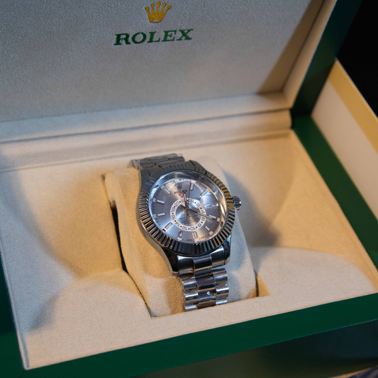 Premium Sky Silver Dial Watch luxury stainless steel wristwatch displayed in premium presentation box