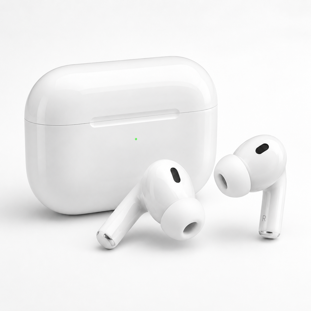White ANC Bluetooth wireless earbuds with compact charging case, featuring an in-ear design, silicone ear tips, Bluetooth connectivity, and portable charging case on a clean white background.
