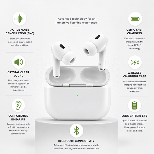 Premium white ANC wireless earbuds with charging case displayed on a pedestal, highlighting Active Noise Cancellation, crystal clear sound, USB-C fast charging, wireless charging case, Bluetooth connectivity, long battery life, and comfortable in-ear fit.