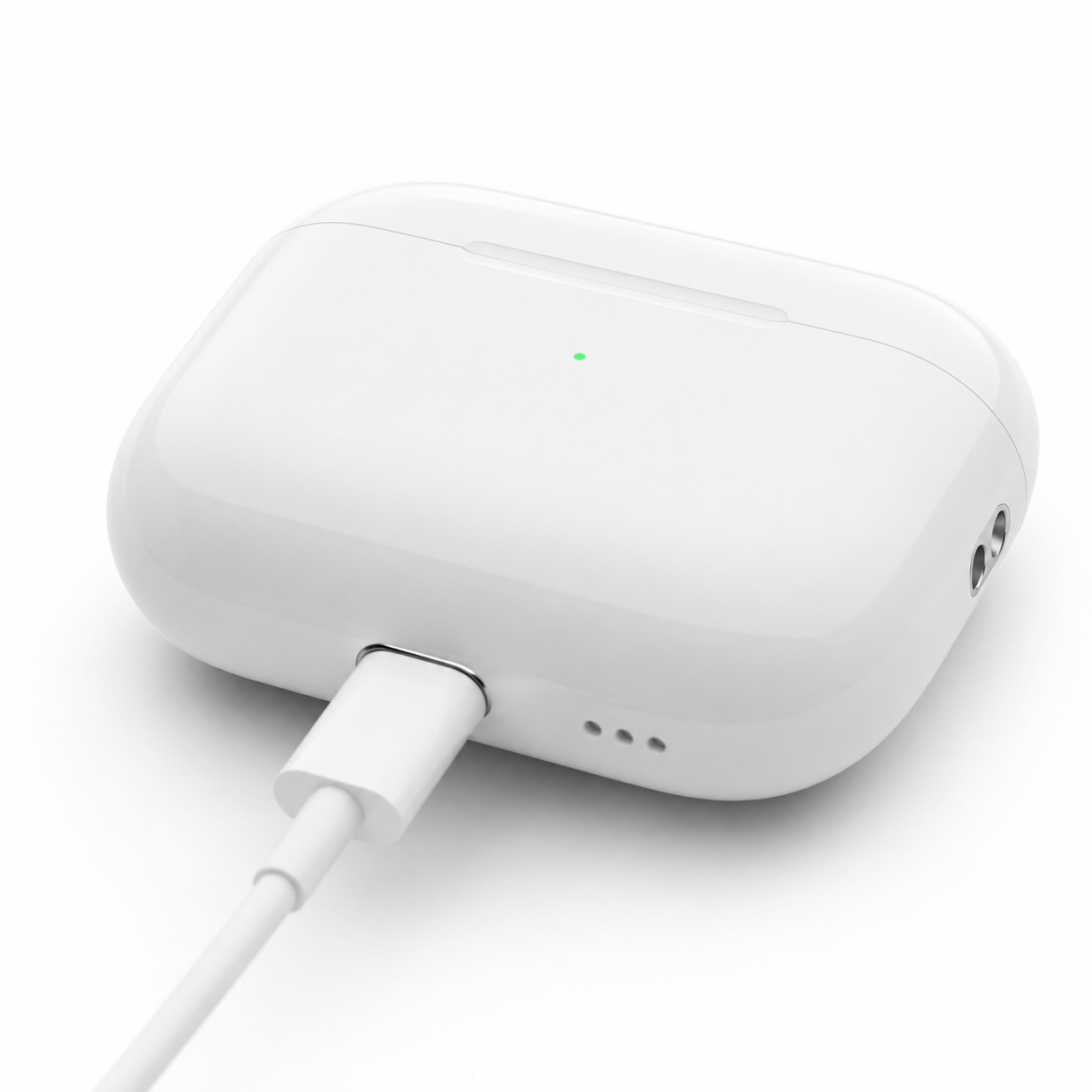 Close-up of a white wireless earbuds charging case connected to a USB-C charging cable, featuring a compact design, LED charging indicator, and fast charging support.