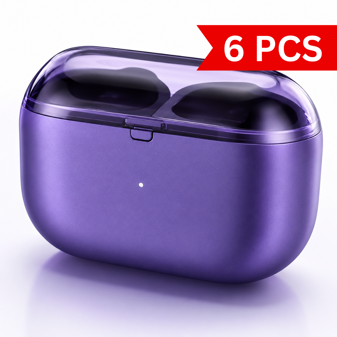Purple wireless earbuds charging case with transparent lid and compact premium design.