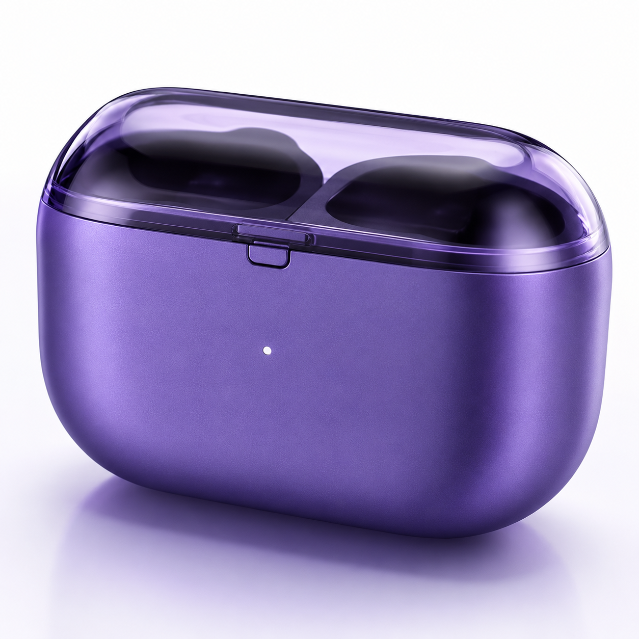 Purple wireless earbuds charging case with transparent lid and compact premium design.