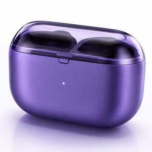 Purple wireless earbuds charging case with transparent lid and compact premium design.