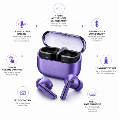 Purple wireless Bluetooth earbuds with Hybrid ANC, Bluetooth 5.3, AI calling, touch controls, USB-C fast charging and 30-hour battery life.