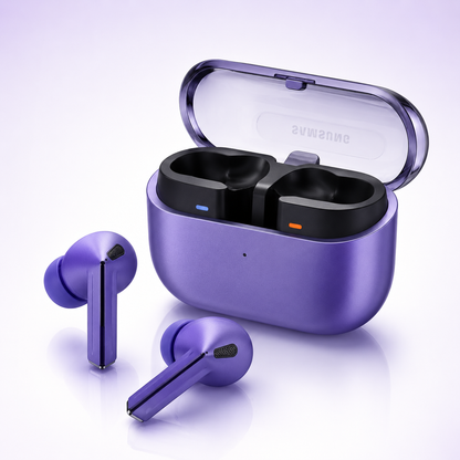 Purple Bluetooth 5.3 wireless earbuds with charging case and ergonomic in-ear design.