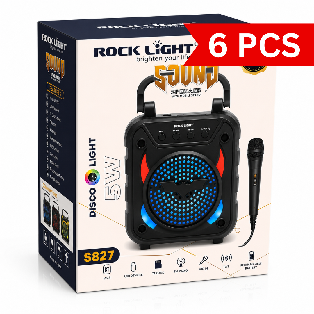 Portable 5W Bluetooth party speaker with wired microphone, RGB disco lights, Bluetooth 5.3, USB, TF card, FM radio, TWS, rechargeable battery and carry handle packaging.
