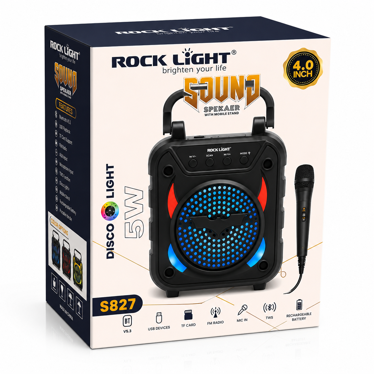 Portable 5W Bluetooth party speaker with wired microphone, RGB disco lights, Bluetooth 5.3, USB, TF card, FM radio, TWS, rechargeable battery and carry handle packaging.