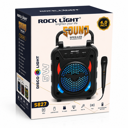 Portable 5W Bluetooth party speaker with wired microphone, RGB disco lights, Bluetooth 5.3, USB, TF card, FM radio, TWS, rechargeable battery and carry handle packaging.