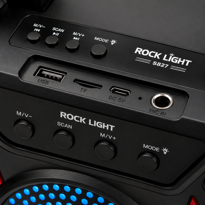 Close-up of the portable Bluetooth speaker control panel showing USB port, TF card slot, DC 5V charging port, microphone input and playback buttons.