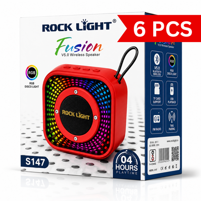 Portable RGB Bluetooth wireless speaker retail packaging featuring a compact red speaker with colorful RGB disco light display, Bluetooth 5.0 connectivity, TF card support, USB playback, FM radio and TWS pairing.