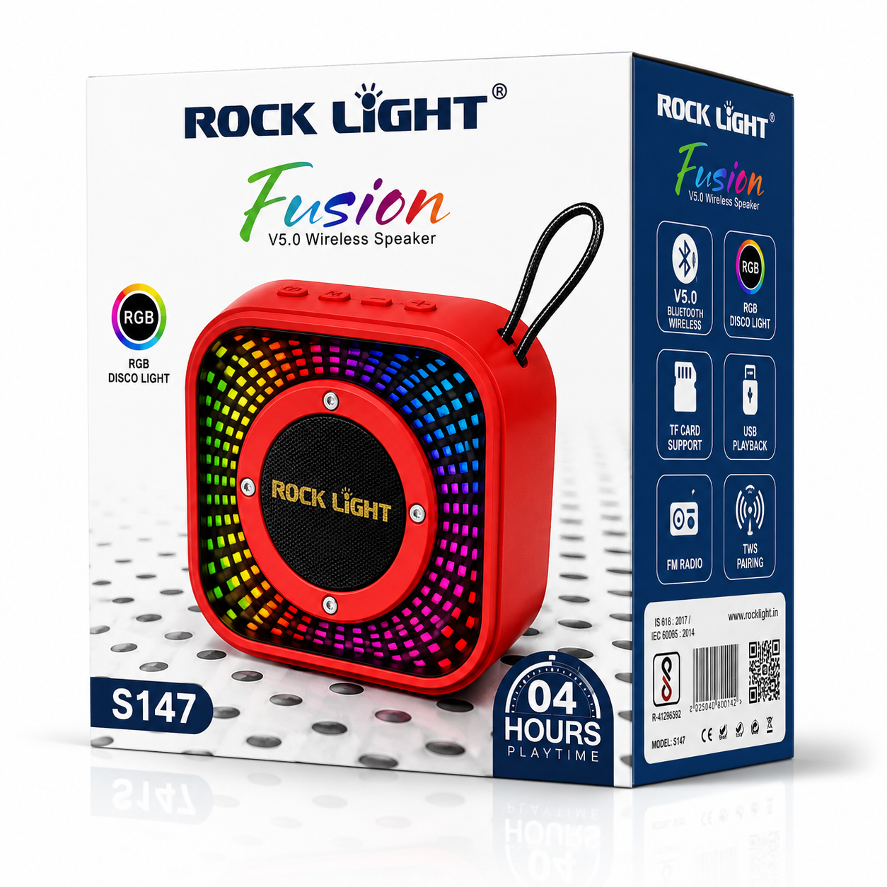 Portable RGB Bluetooth wireless speaker retail packaging featuring a compact red speaker with colorful RGB disco light display, Bluetooth 5.0 connectivity, TF card support, USB playback, FM radio and TWS pairing.