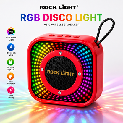 Red Bluetooth speaker with RGB disco lighting, Bluetooth 5.0, TF card support, USB playback, FM radio, and TWS pairing displayed in a feature-focused promotional graphic.