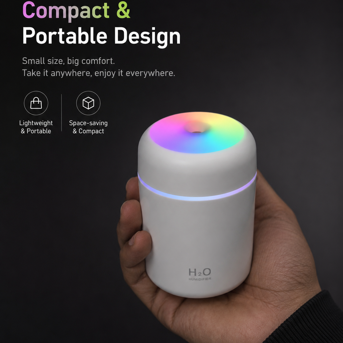 Compact cool mist humidifier with USB powered design and ambient LED lighting for desk, nursery and study table