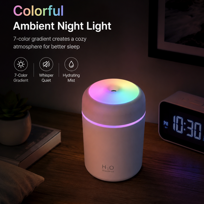 Small portable room humidifier with whisper quiet operation and colorful RGB glow for better sleep and indoor comfort