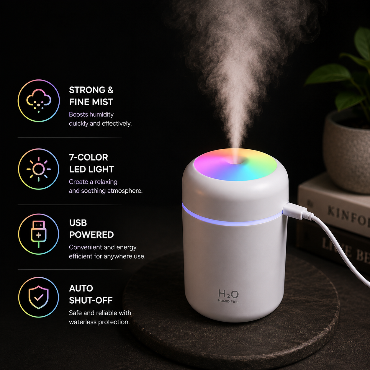 Mini USB Humidifier with RGB LED Light producing strong cool mist on bedside table for bedroom and office use