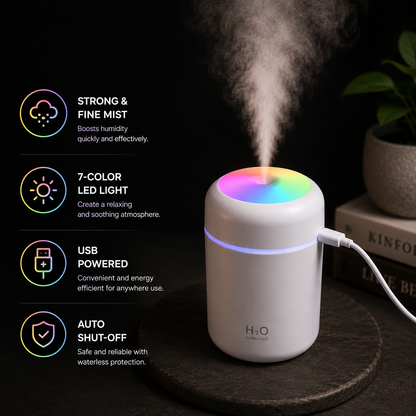 Mini USB Humidifier with RGB LED Light producing strong cool mist on bedside table for bedroom and office use